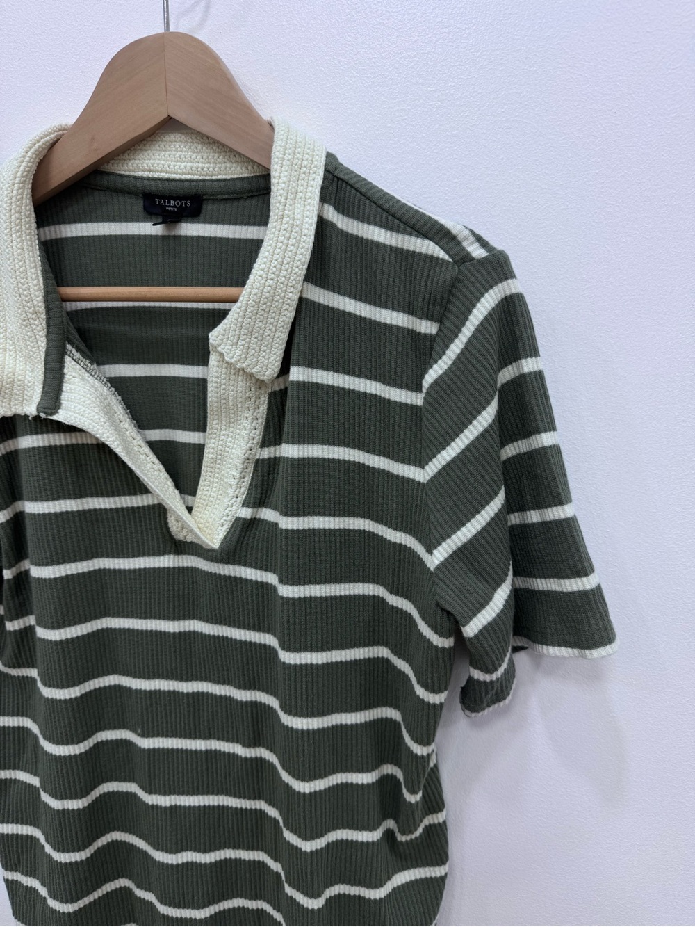 Talbots crotchet trim ladies green white stripe top blouse Sz XL petite - Picture 4 of 6